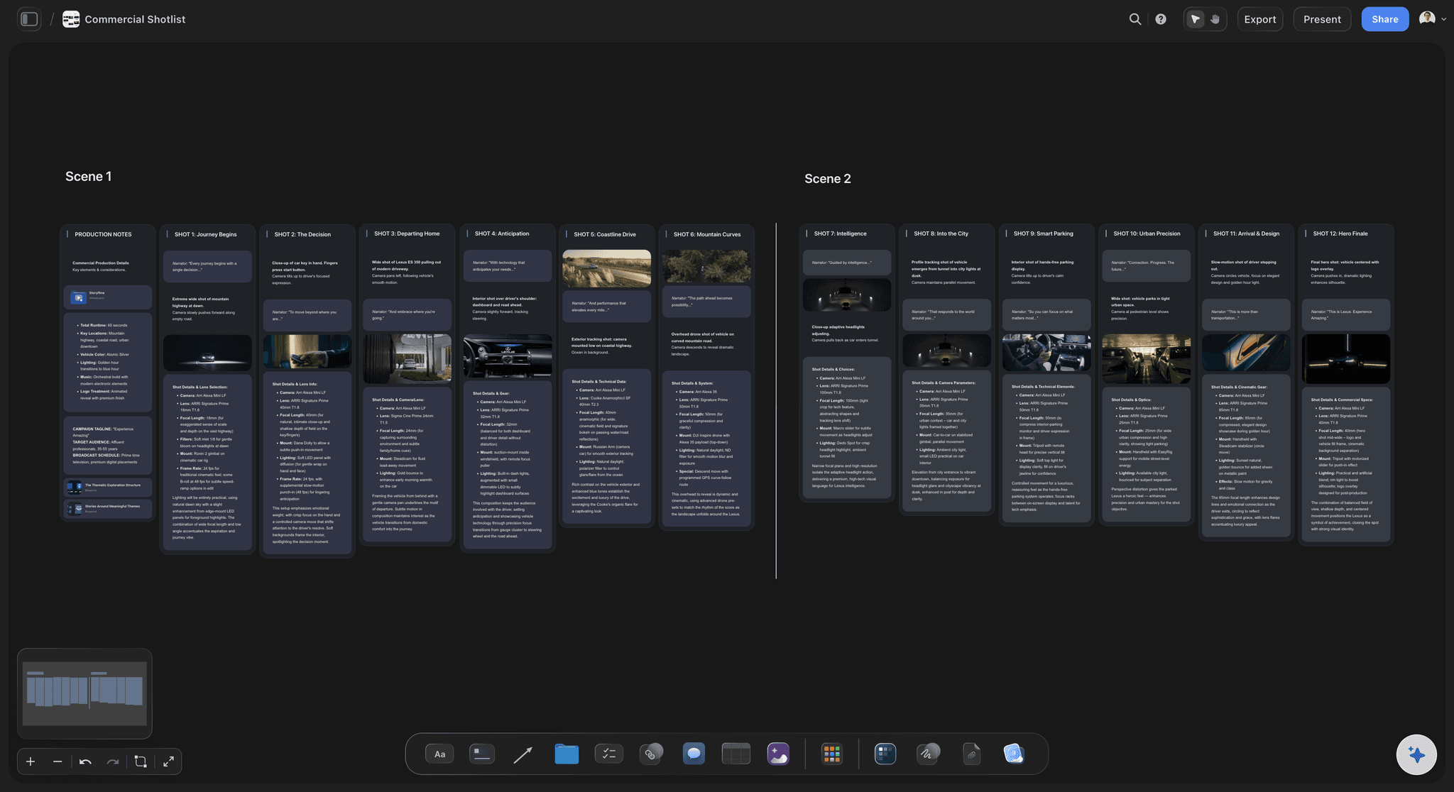 A commercial shot list, scene by scene, with each shot's frame, narrator line and camera and lens notes